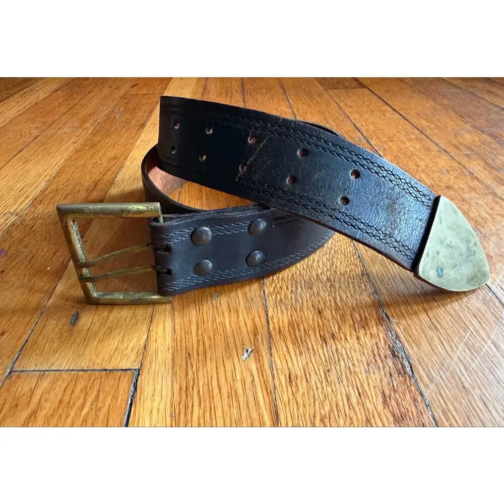 Distressed Dark Brown Wide Leather Belt w/Dbl Prong Buckle Womens sz S